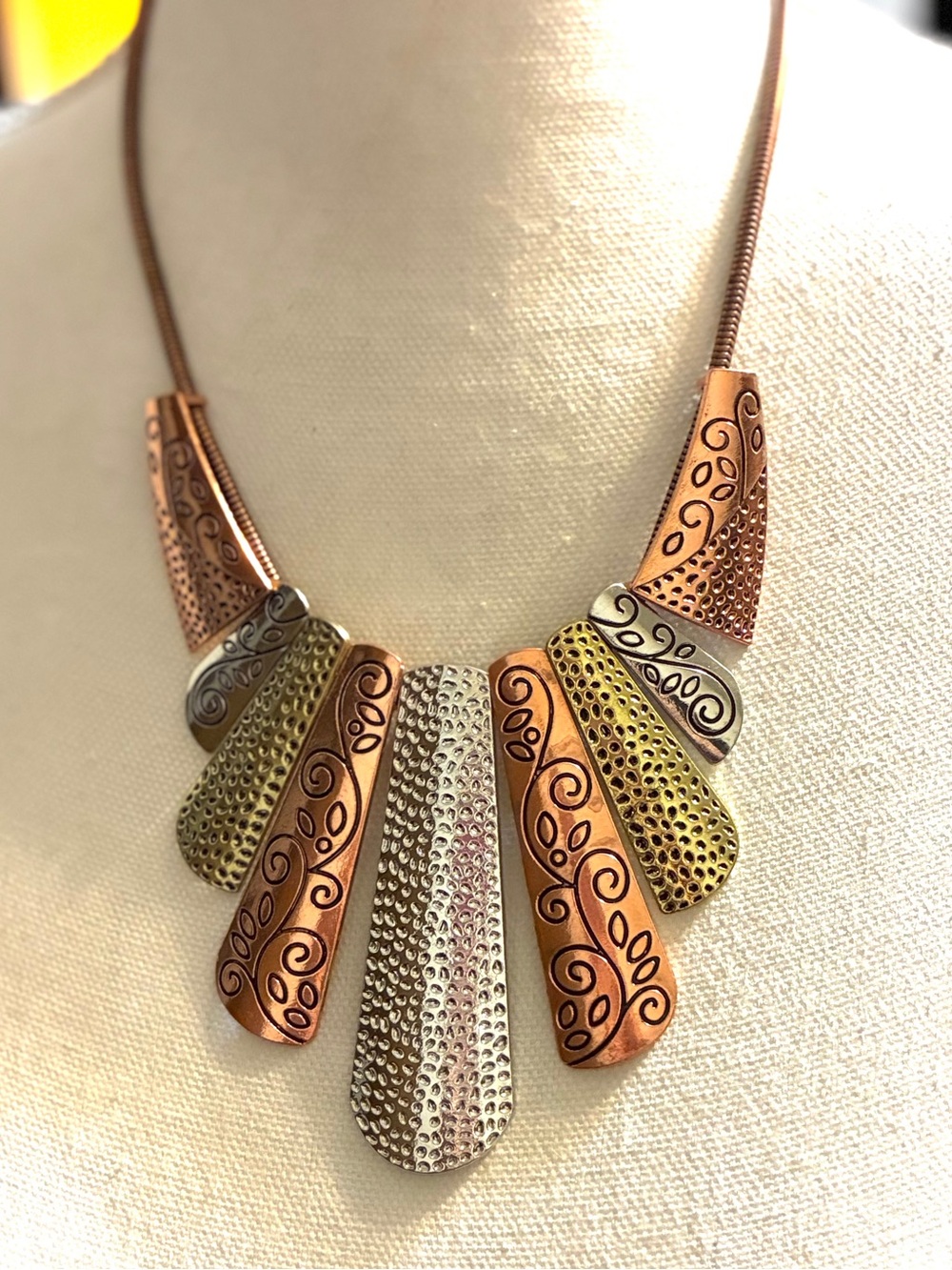 Mixed Metal Statement Necklace - Copper, Gold & Silver Fan Pendant